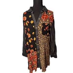 Caleaaa Mixed Print Patchwork Button Down XL Floral Leopard Boho Embroidered